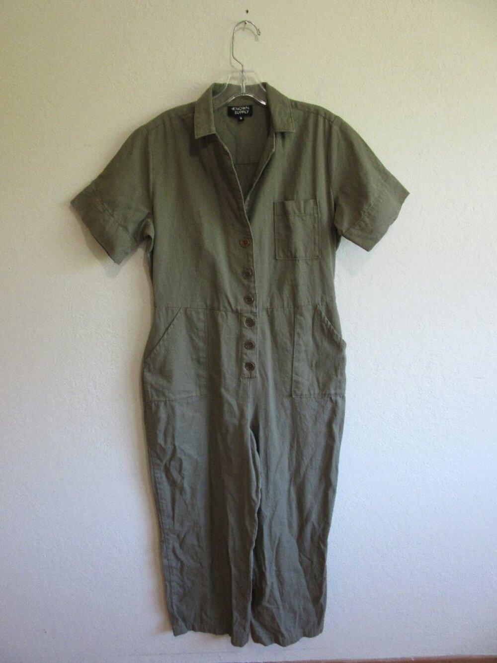 KNOWN SUPPLY Green Khaki S Short Sleeve Jumpsuit